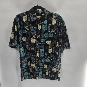 Cooke Street Honolulu Black Blue Yellow Palms 100% Cotton Button Down Shirt Med